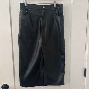 7 For All Mankind Black Faux Leather Midi Skirt